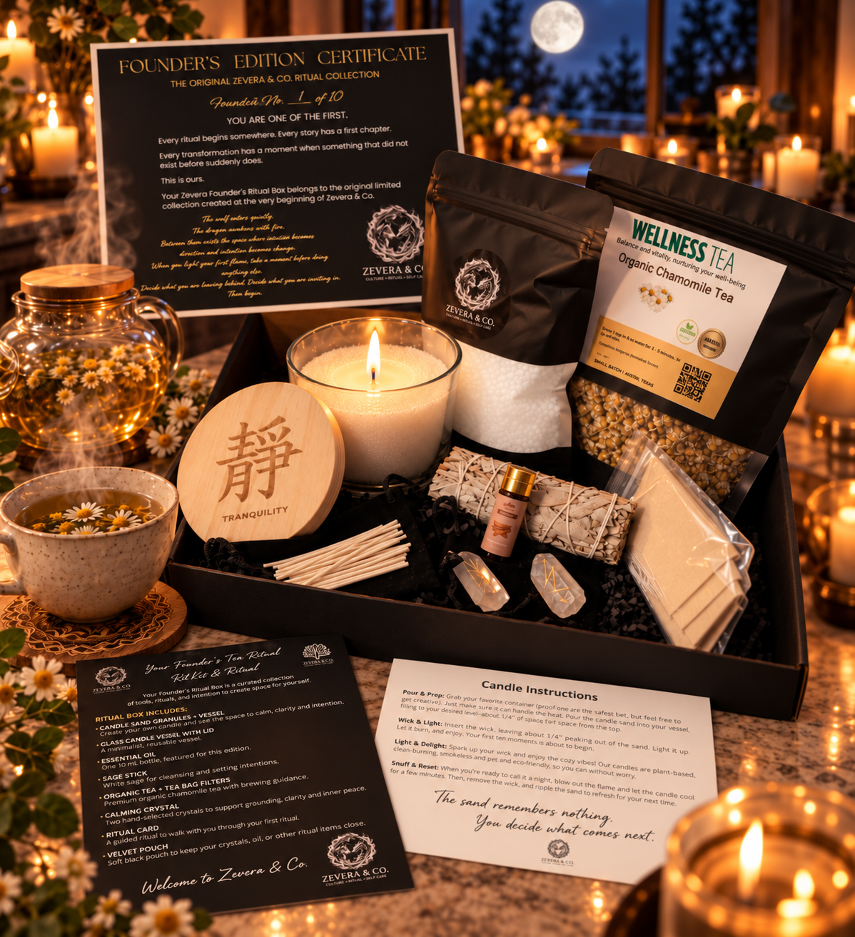 Close-up of the Zevera & Co. Founder's Ritual Box with white sand wax granules, candle vase, organic tea, sage stick, calming crystals, and ritual items