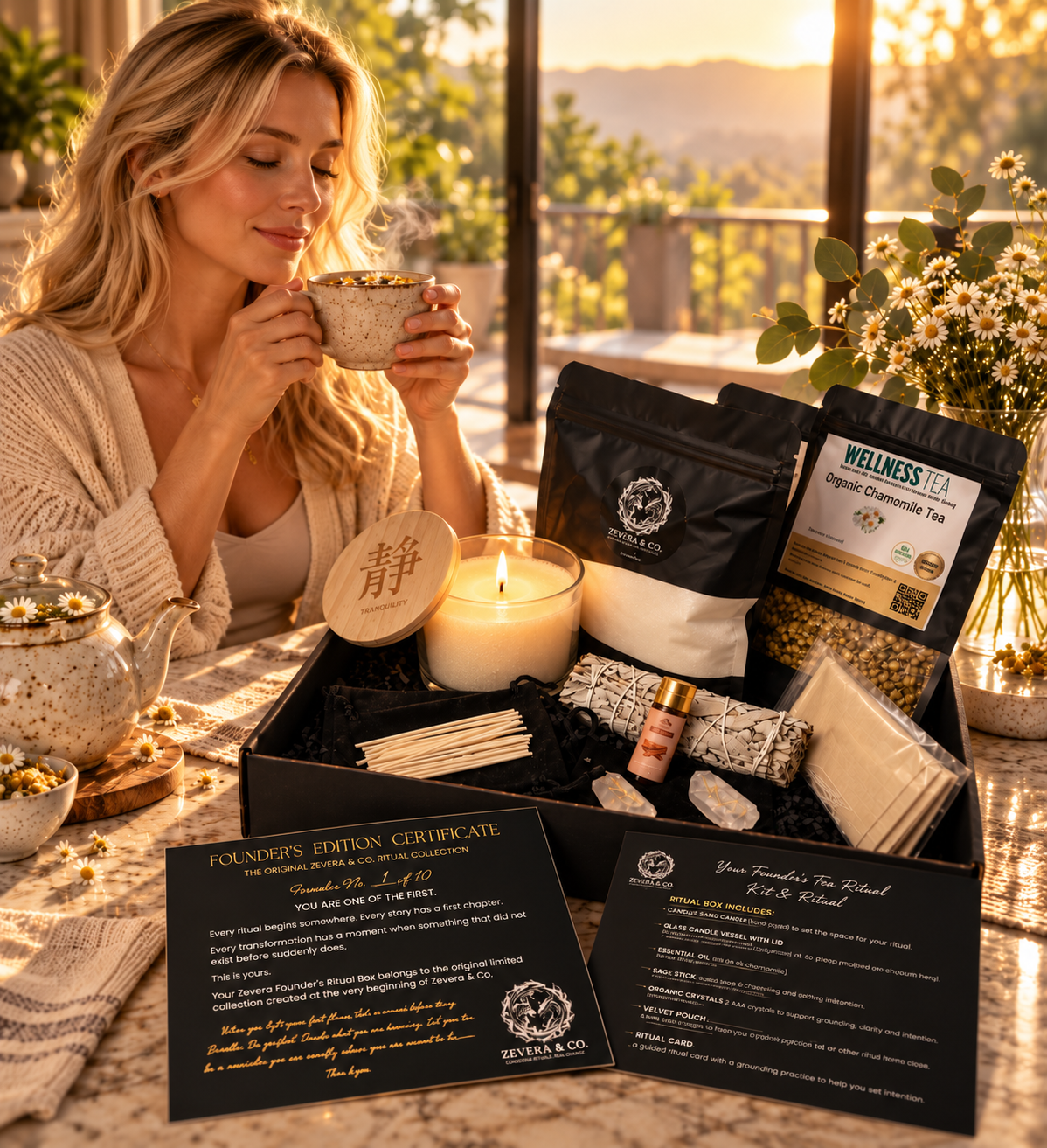 A golden morning tea ritual with the Zevera Founder's Ritual Box, candlelight, and chamomile tea